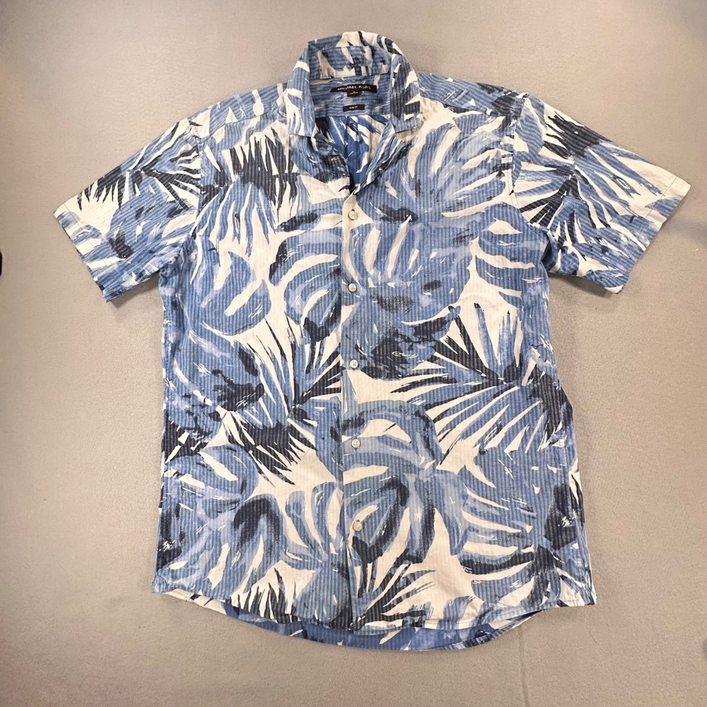 Michael Kors Mens Blue White Tropical Palm Leaf Short Sleeve Slim Fit Shirt M